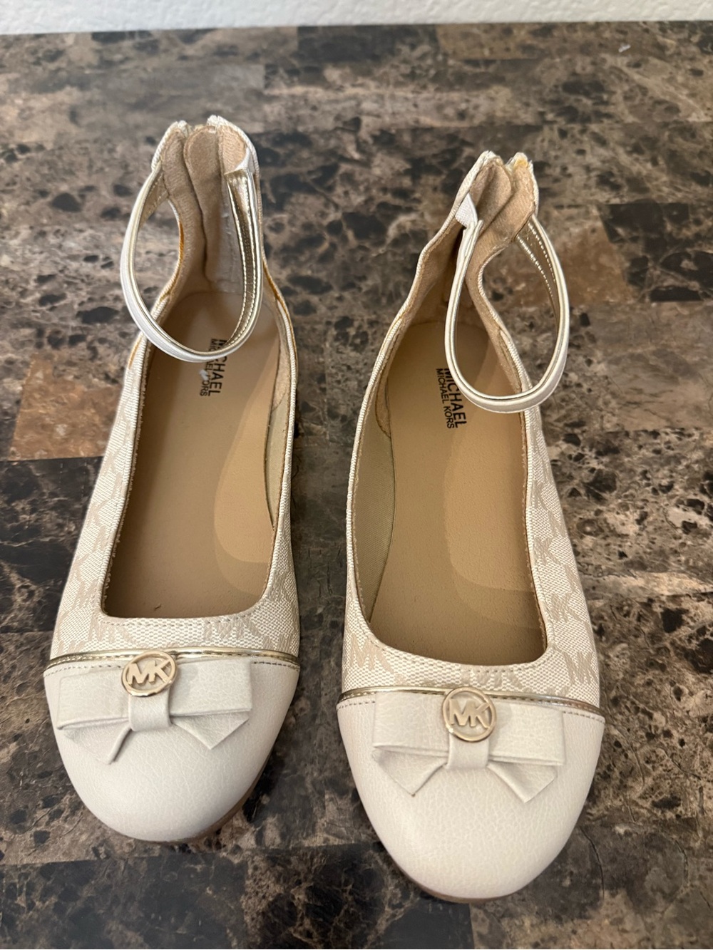 Michael Kors girls Ivory Logo Ballet Flats with Ankle Strap